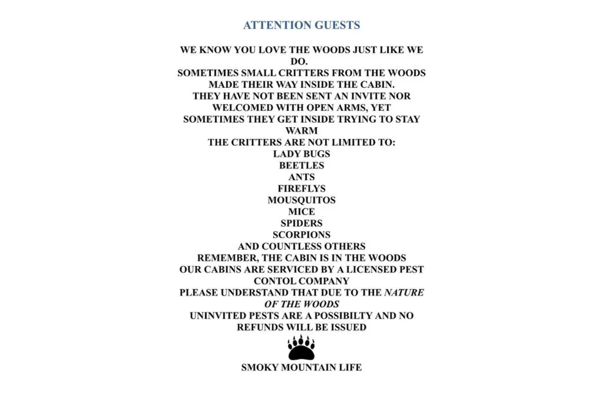 This image features a textual warning about wildlife, set against nature-themed decor. It evokes a sense of the outdoors and hints at the presence of local wildlife, connecting the property's atmosphere with the nearby Smoky Mountains and adventure opportunities.