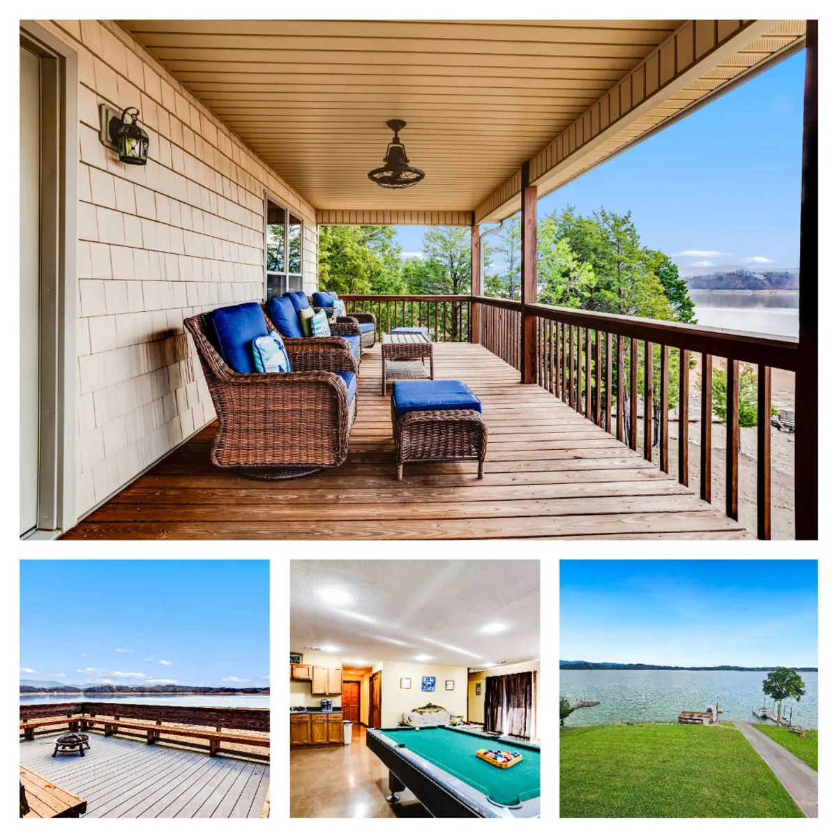 The image showcases a spacious wooden deck overlooking Lake Douglas, furnished with comfortable wicker chairs adorned with blue cushions. The tranquil lake stretches out beyond the deck, with sunlight glinting on the water, hinting at the potential for stunning sunset views. The inviting setup suggests a perfect spot for unwinding, enjoying nature, and gathering with friends or family.